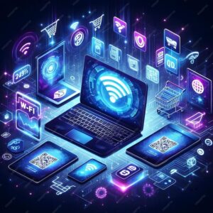 a computer screen with a bunch of laptops and icons on it premium ai generated image (1)
